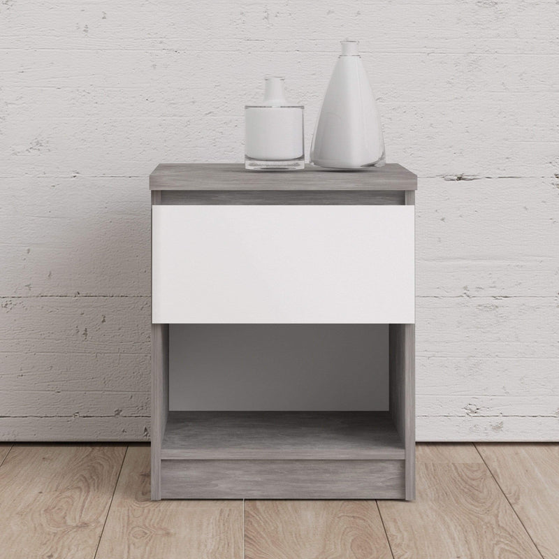 FTG Bedside Cabinet Naia Bedside - 1 Drawer 1 Shelf in Concrete and White High Gloss Bed Kings
