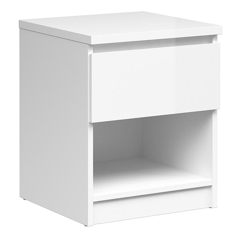 FTG Bedside Cabinet Naia Bedside - 1 Drawer 1 Shelf in White High Gloss Bed Kings