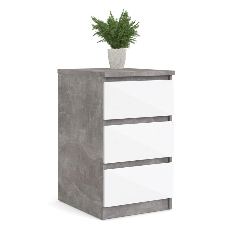 FTG Bedside Cabinet Naia Bedside - 3 Drawers in Concrete and White High Gloss Bed Kings