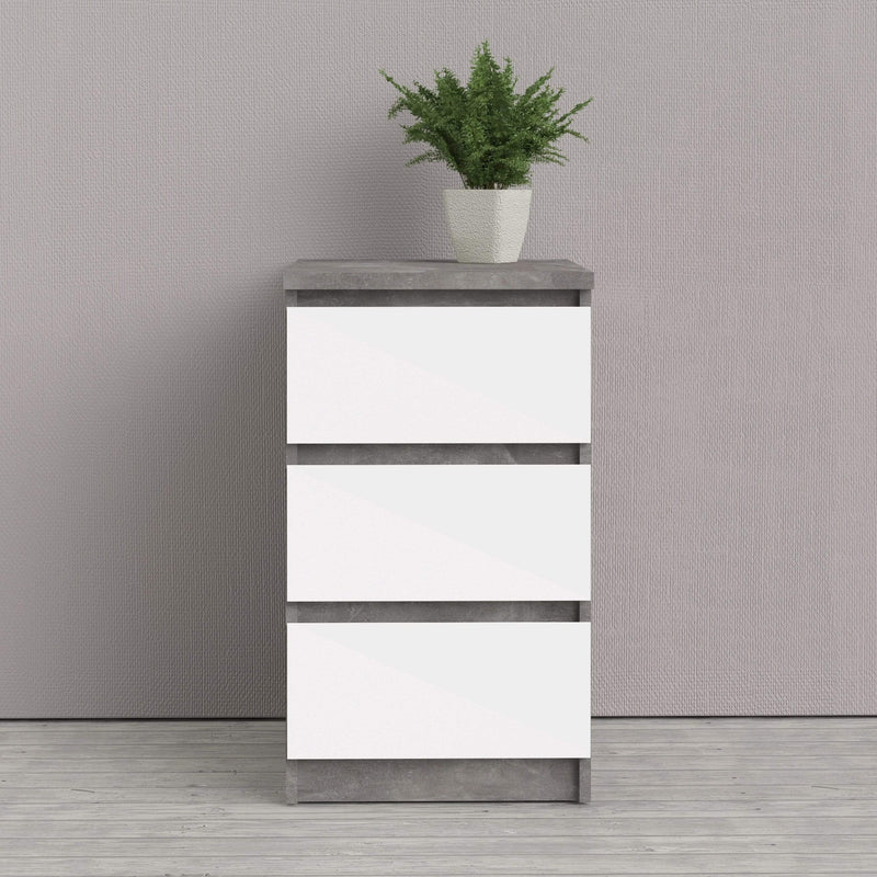 FTG Bedside Cabinet Naia Bedside - 3 Drawers in Concrete and White High Gloss Bed Kings