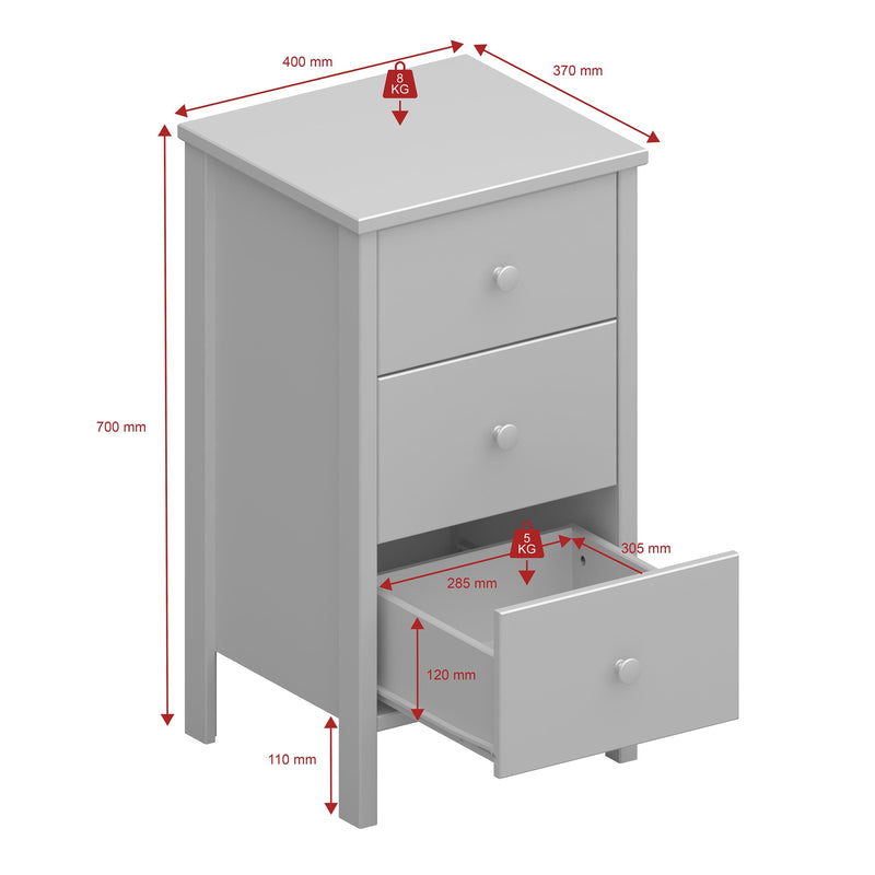 FTG Bedside Cabinet Tromso 3 Drawer Bedside Grey Bed Kings