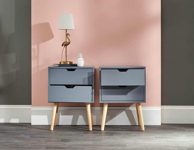 GFW Bedside Cabinet Nyborg Set of 2 Bedside Cabinets with 2 drawers Dark Grey Bed Kings