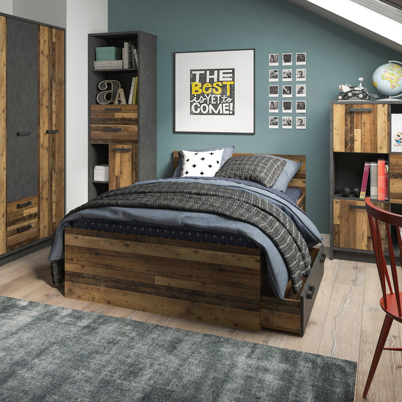 FTG Bookcase Brooklyn Bookcase in Walnut and Dark Matera Grey Bed Kings