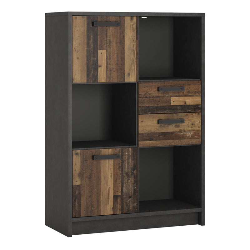 FTG Bookcase Brooklyn Low Bookcase with 2 Doors and 2 Drawers in Walnut and Dark Matera Grey Bed Kings