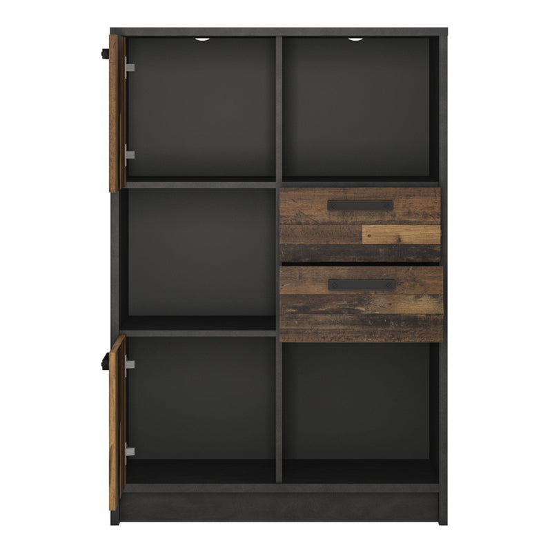 FTG Bookcase Brooklyn Low Bookcase with 2 Doors and 2 Drawers in Walnut and Dark Matera Grey Bed Kings