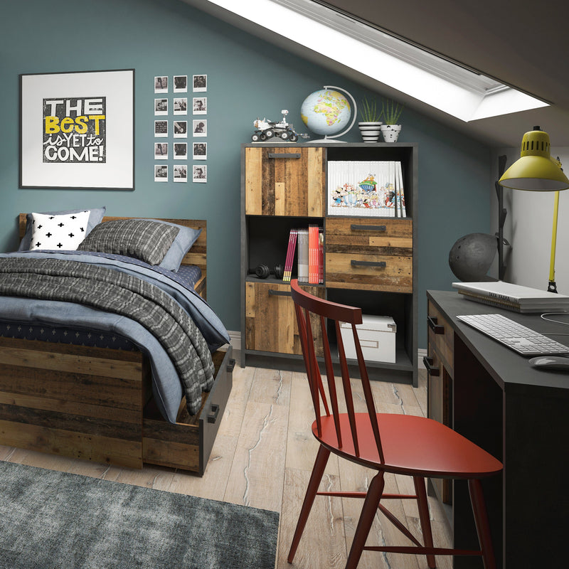 FTG Bookcase Brooklyn Low Bookcase with 2 Doors and 2 Drawers in Walnut and Dark Matera Grey Bed Kings