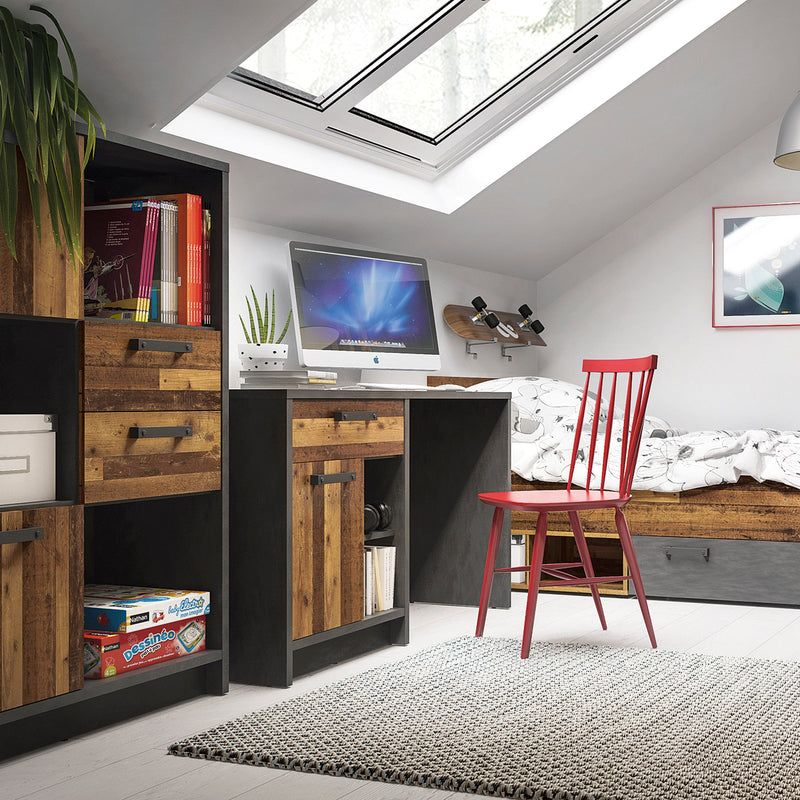 FTG Bookcase Brooklyn Low Bookcase with 2 Doors and 2 Drawers in Walnut and Dark Matera Grey Bed Kings