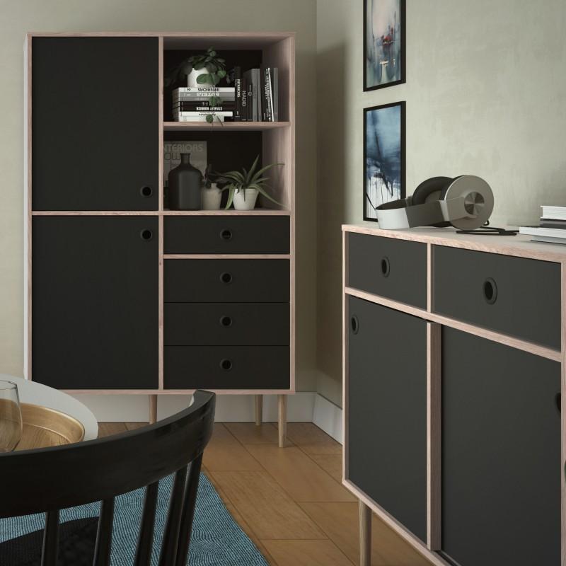 FTG Bookcase Rome Bookcase 2 Doors + 4 Drawers in Jackson Hickory Oak with Matt Black Bed Kings