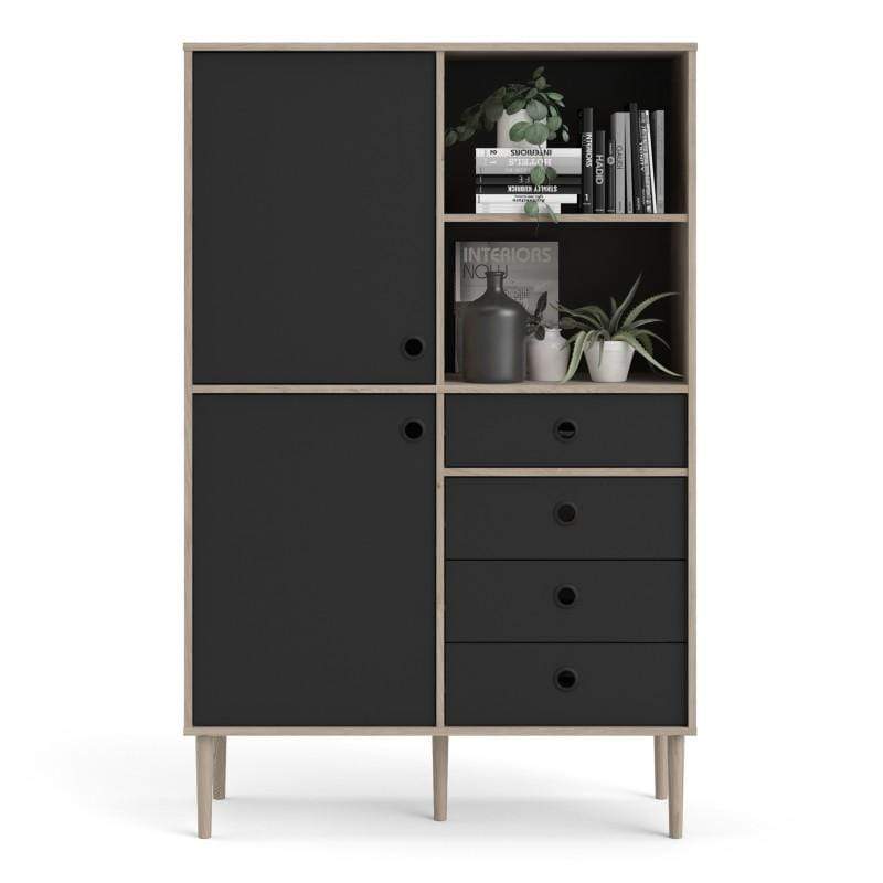 FTG Bookcase Rome Bookcase 2 Doors + 4 Drawers in Jackson Hickory Oak with Matt Black Bed Kings