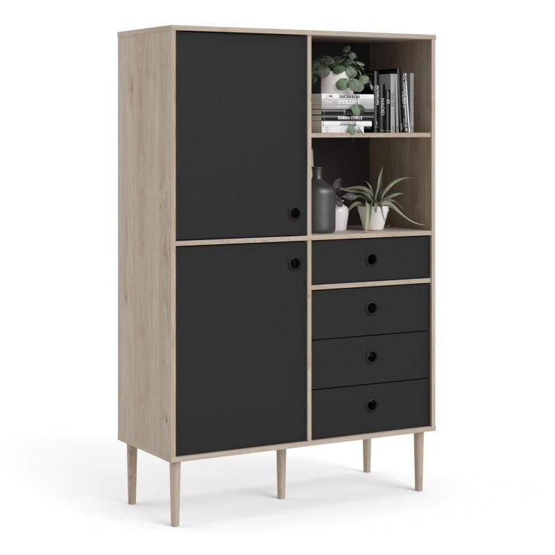 FTG Bookcase Rome Bookcase 2 Doors + 4 Drawers in Jackson Hickory Oak with Matt Black Bed Kings