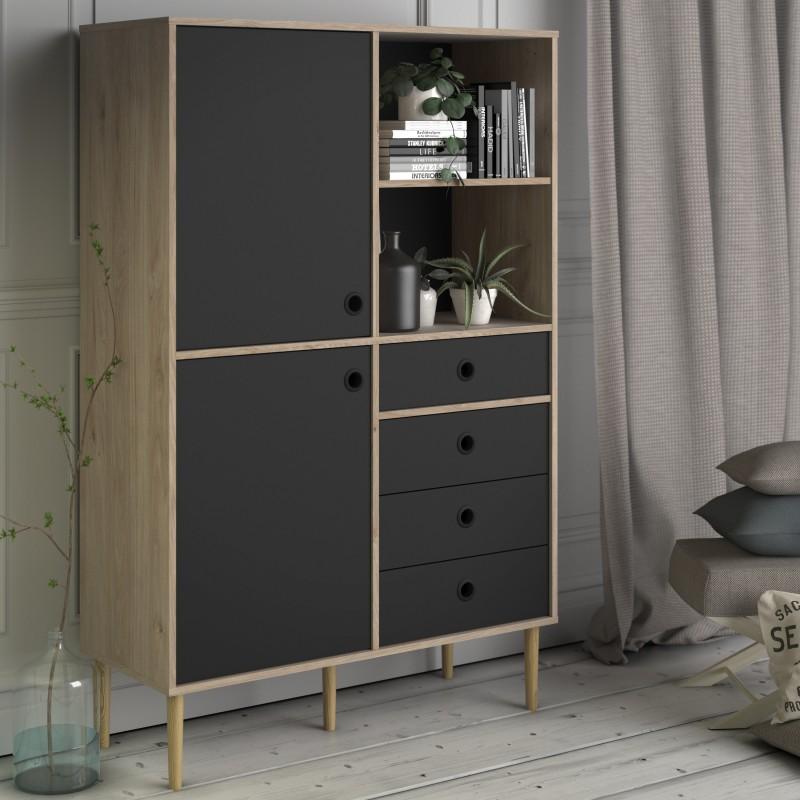 FTG Bookcase Rome Bookcase 2 Doors + 4 Drawers in Jackson Hickory Oak with Matt Black Bed Kings