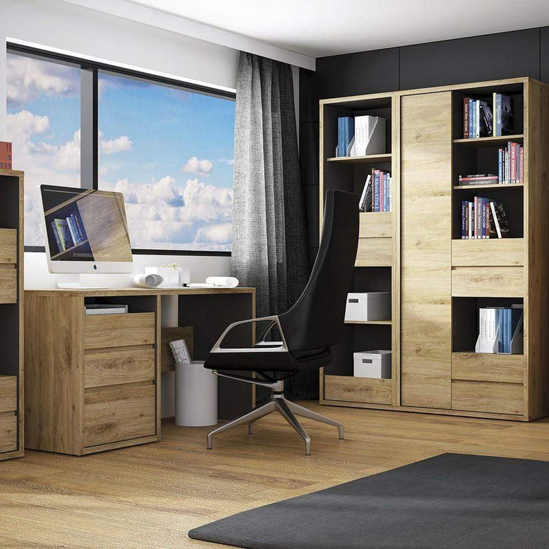FTG Bookcase Shetland Tall wide 1 door 4 drawer bookcase Shetland Oak Finish Bed Kings