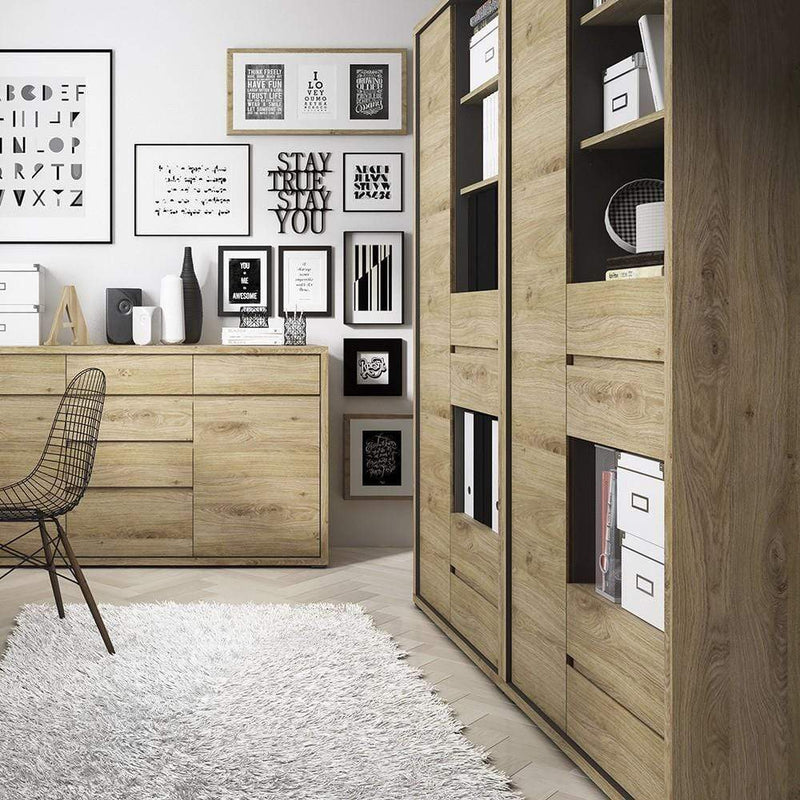 FTG Bookcase Shetland Tall wide 1 door 4 drawer bookcase Shetland Oak Finish Bed Kings