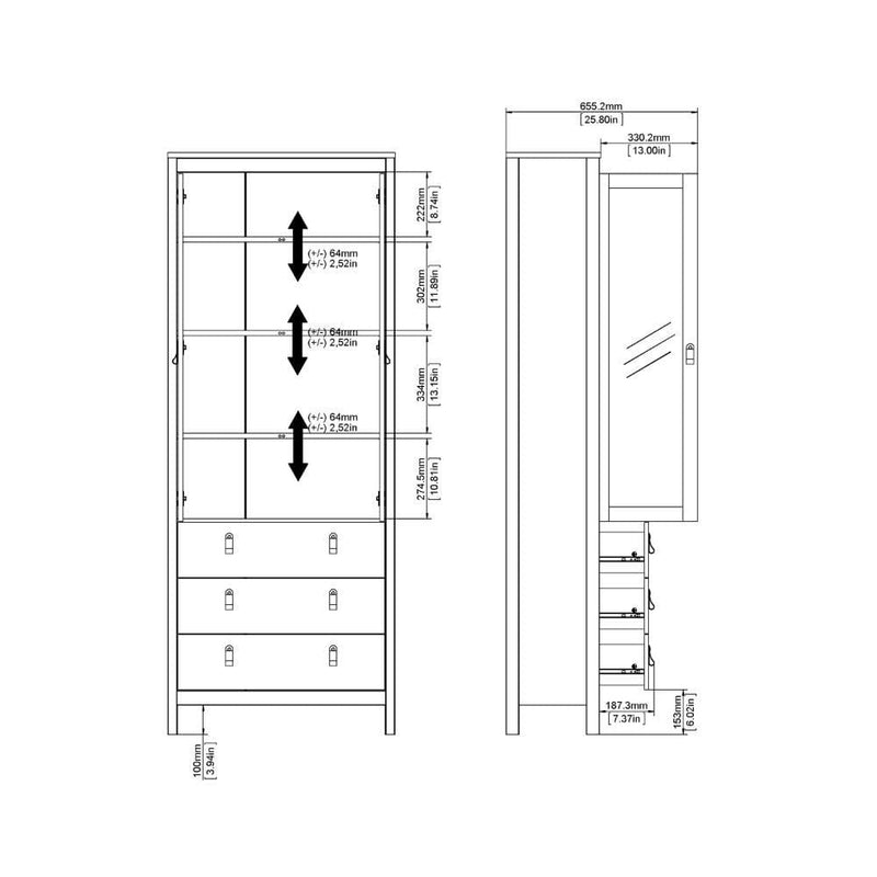 FTG Cabinet Barcelona China Cabinet 2 Doors W/Glass + 3 Drawers In White Bed Kings