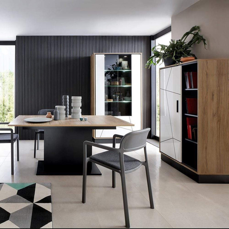 FTG Cabinet Brolo Tall wide glazed display cabinet White, Black, and dark wood Bed Kings