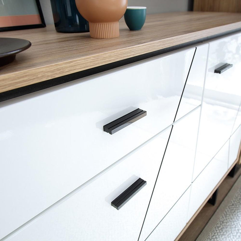 FTG Cabinet Brolo Tall wide glazed display cabinet White, Black, and dark wood Bed Kings