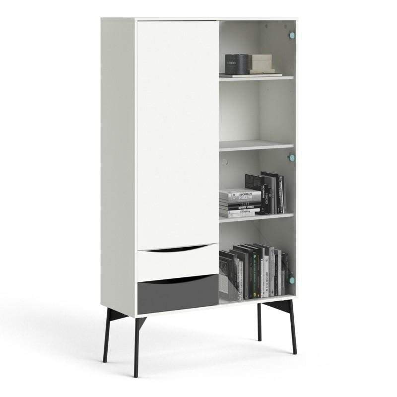 FTG Cabinet Fur China Cabinet 1 Door + 1 Glass Door + 2 Drawers in Grey and White Bed Kings