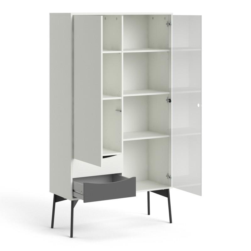 FTG Cabinet Fur China Cabinet 1 Door + 1 Glass Door + 2 Drawers in Grey and White Bed Kings