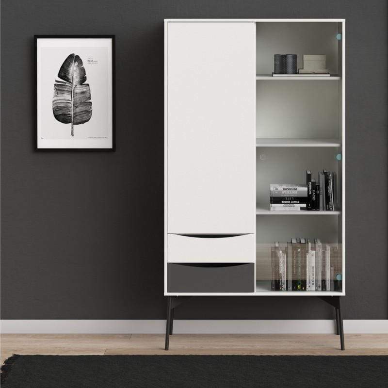 FTG Cabinet Fur China Cabinet 1 Door + 1 Glass Door + 2 Drawers in Grey and White Bed Kings