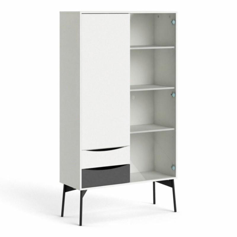 FTG Cabinet Fur China Cabinet 1 Door + 1 Glass Door + 2 Drawers in Grey and White Bed Kings