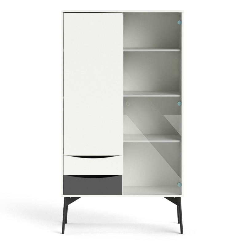 FTG Cabinet Fur China Cabinet 1 Door + 1 Glass Door + 2 Drawers in Grey and White Bed Kings