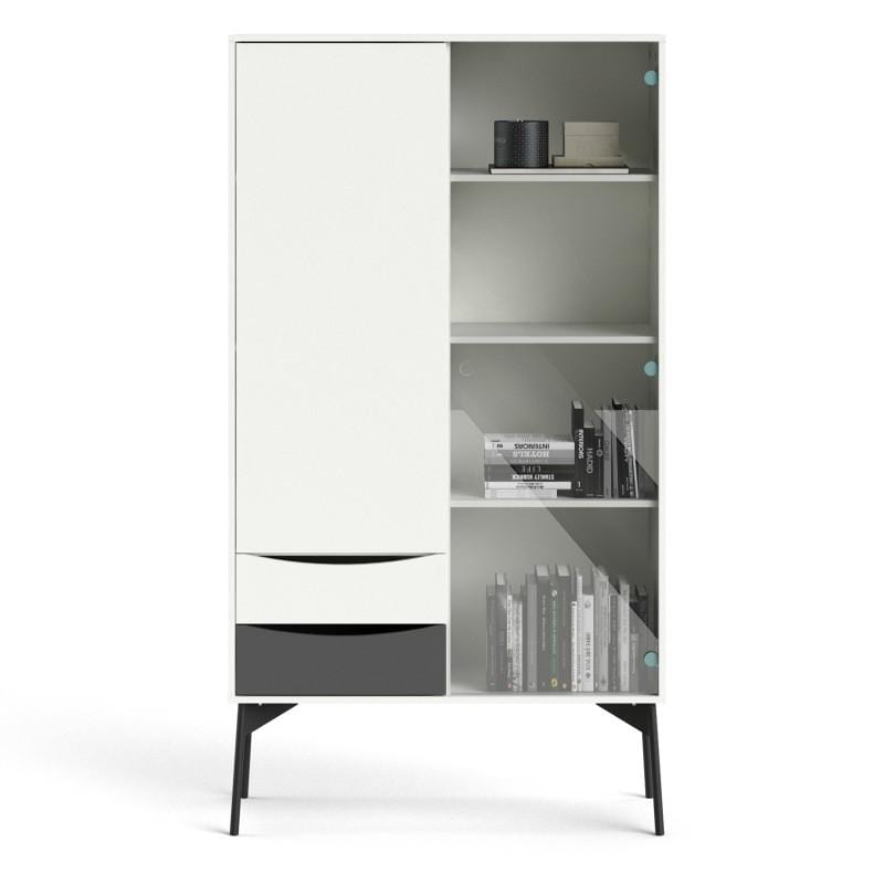 FTG Cabinet Fur China Cabinet 1 Door + 1 Glass Door + 2 Drawers in Grey and White Bed Kings