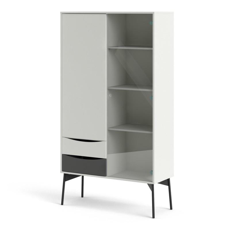 FTG Cabinet Fur China Cabinet 1 Door + 1 Glass Door + 2 Drawers in Grey and White Bed Kings