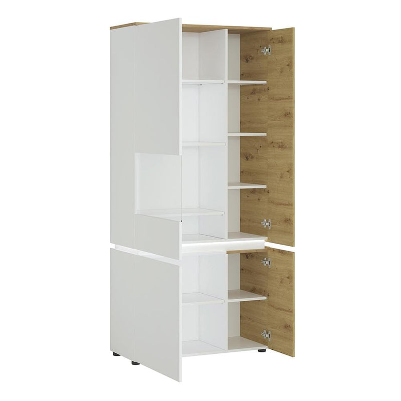 FTG Cabinet Luci Bright - Luci 4 door tall display cabinet LH (including LED lighting) in White and Oak Bed Kings
