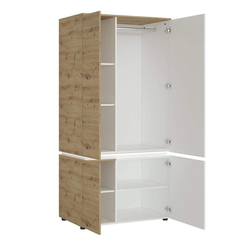 FTG Cabinet Luci Bright - Luci 4 door wardrobe (including LED lighting) in White and Oak Bed Kings