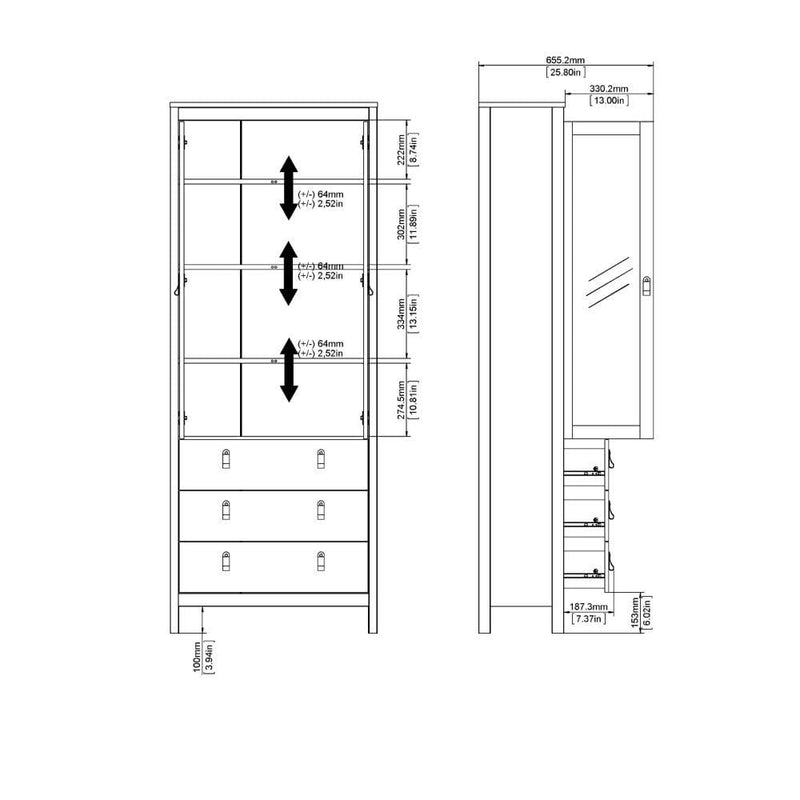FTG Cabinet Madrid China Cabinet 2 Doors W/Glass + 3 Drawers In Matt Black Bed Kings