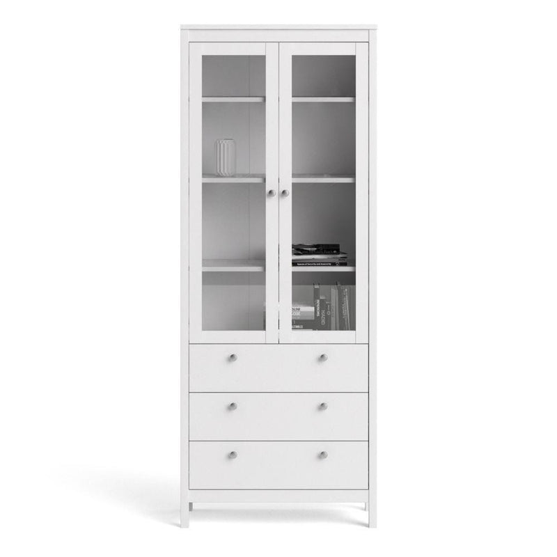 FTG Cabinet Madrid China Cabinet 2 Doors W/Glass + 3 Drawers In White Bed Kings