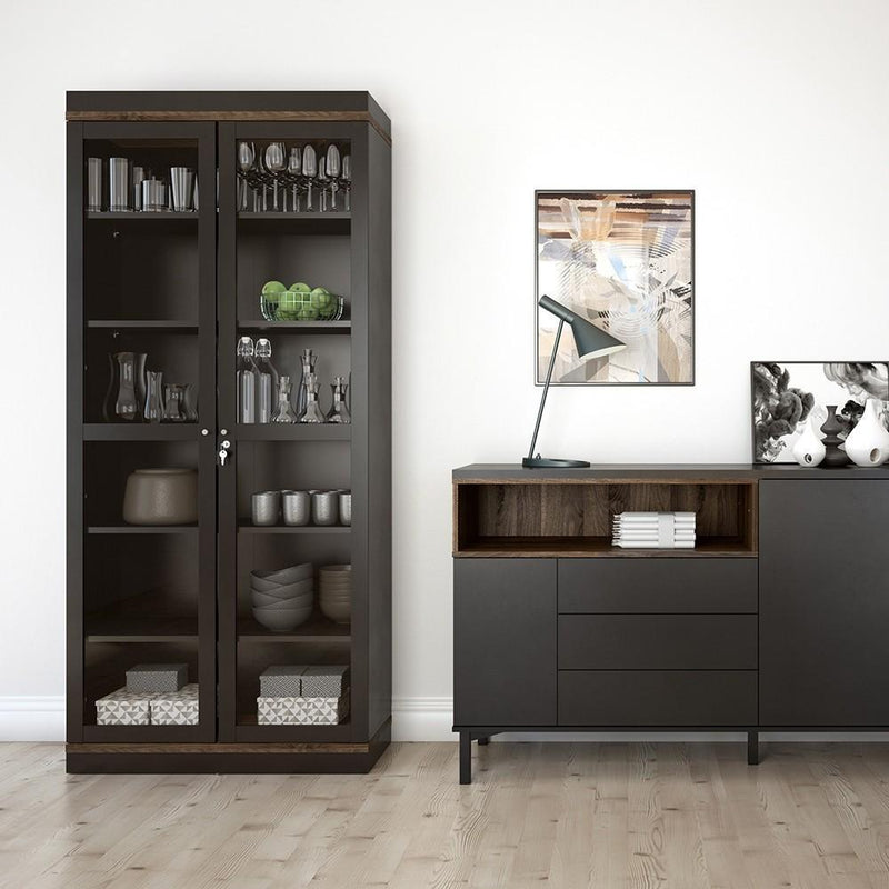 FTG Cabinet Roomers Display Cabinet Glazed 2 Doors in Black and Walnut Black and Walnut Bed Kings