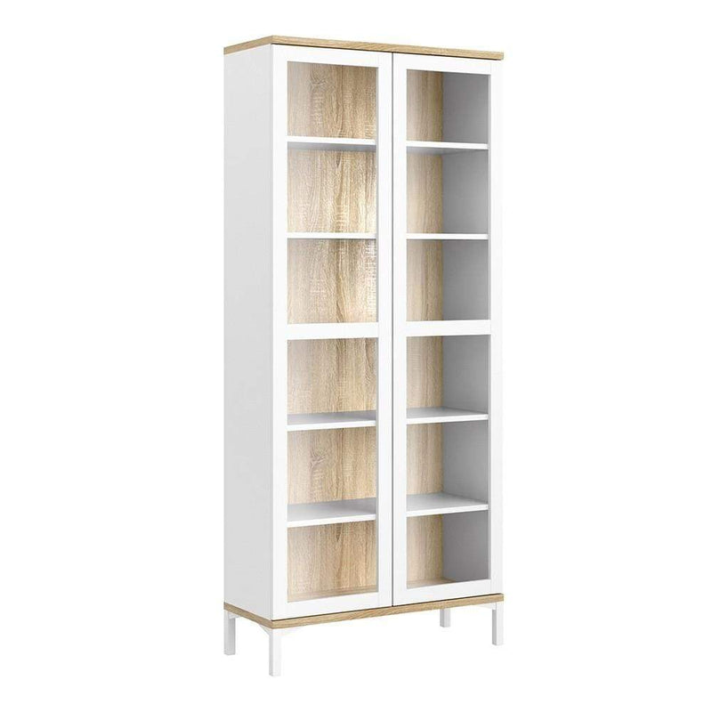 FTG Cabinet Roomers Display Cabinet Glazed 2 Doors in White and Oak White and Oak Bed Kings