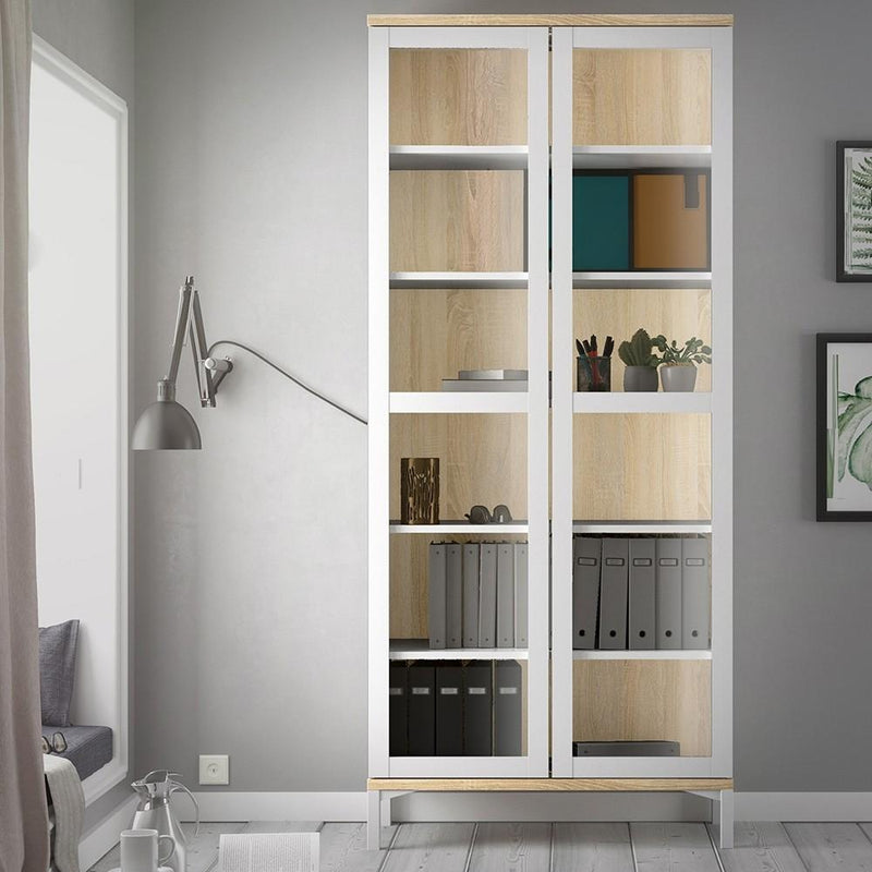FTG Cabinet Roomers Display Cabinet Glazed 2 Doors in White and Oak White and Oak Bed Kings