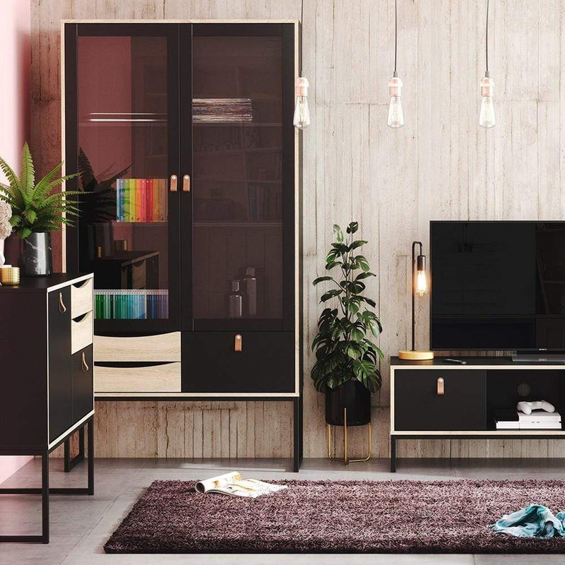 FTG Cabinet Stubbe China cabinet 2 frame doors + 3 drawers Matt Black Oak Bed Kings
