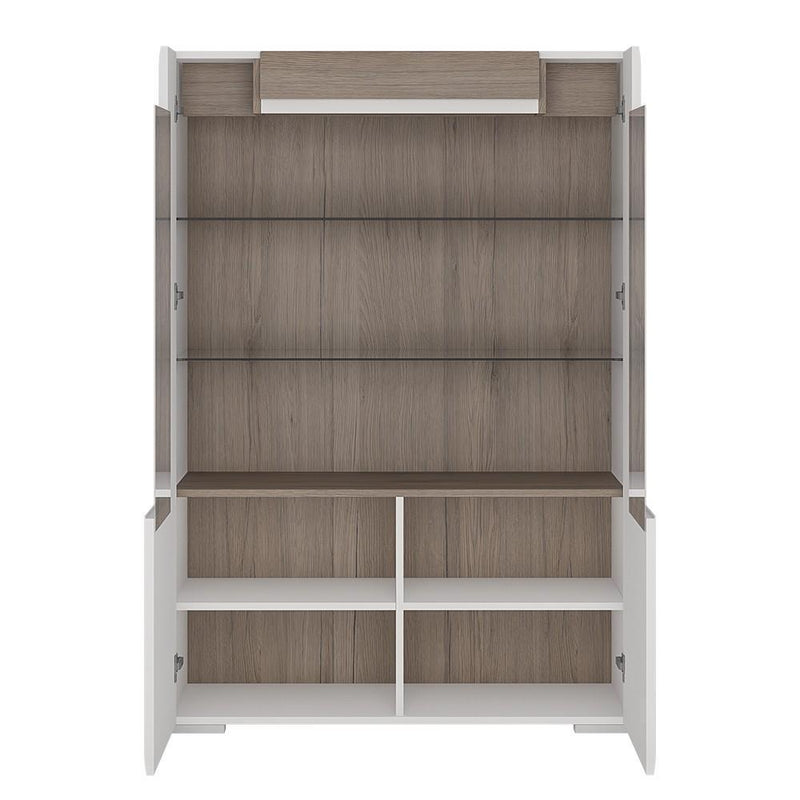 FTG Cabinet Toronto Low Glazed 2 Door Display cabinet with internal shelves (inc Plexi Lighting) White High Gloss with San Remo Oak inset Bed Kings