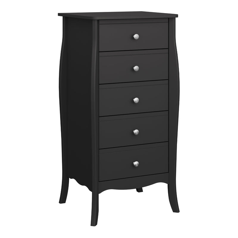 FTG Chest Of Drawers Baroque 5 Drw Narrow Black Bed Kings