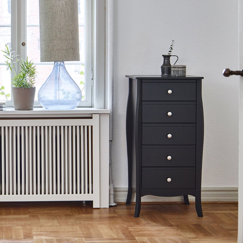 FTG Chest Of Drawers Baroque 5 Drw Narrow Black Bed Kings