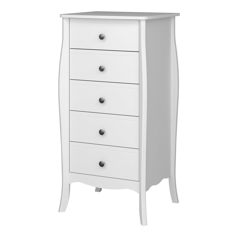 FTG Chest Of Drawers Baroque 5 Drw Narrow White Bed Kings
