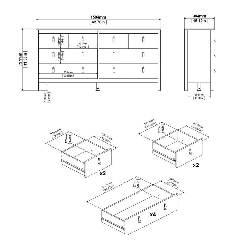 FTG Chest Of Drawers Madrid Double Dresser 4+4 Drawers In White Bed Kings
