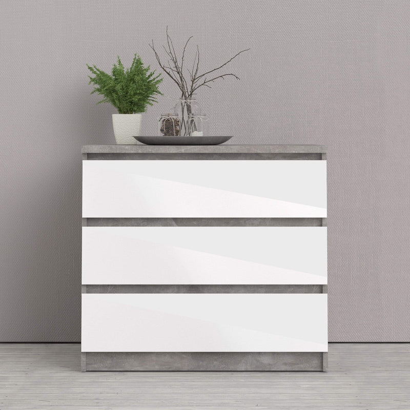 FTG Chest Of Drawers Naia Chest of 3 Drawers in Concrete and White High Gloss Bed Kings