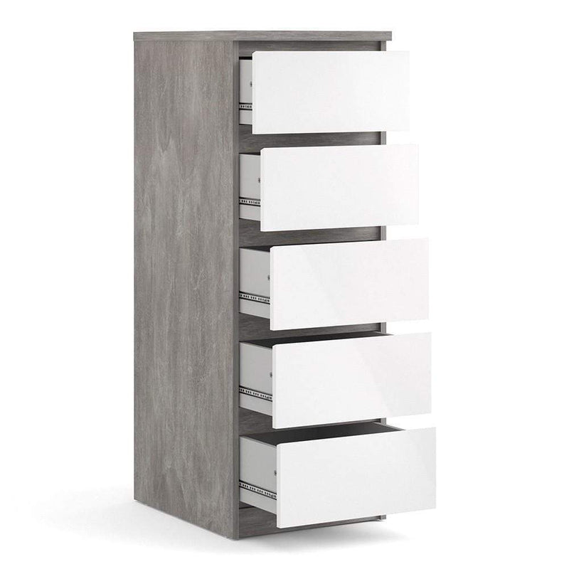 FTG Chest Of Drawers Naia Narrow Chest of 5 Drawers in Concrete and White High Gloss Bed Kings