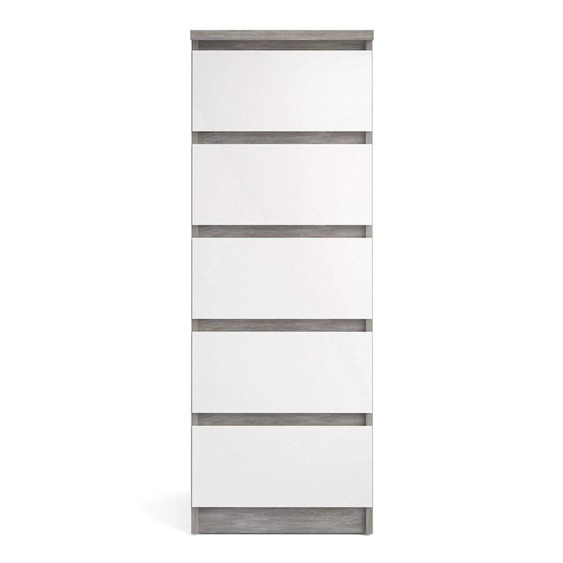 FTG Chest Of Drawers Naia Narrow Chest of 5 Drawers in Concrete and White High Gloss Bed Kings