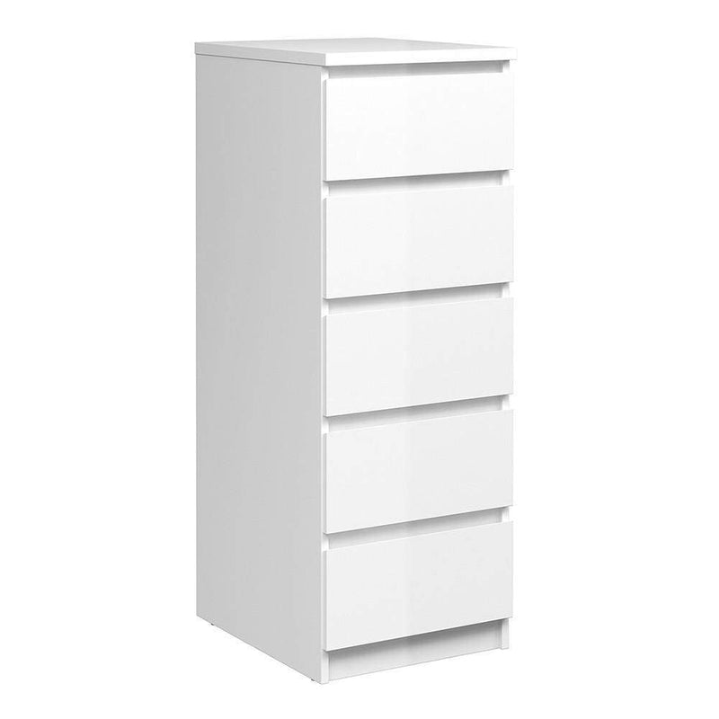 FTG Chest Of Drawers Naia Narrow Chest of 5 Drawers in White High Gloss Bed Kings