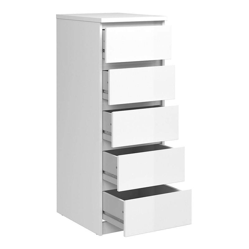 FTG Chest Of Drawers Naia Narrow Chest of 5 Drawers in White High Gloss Bed Kings