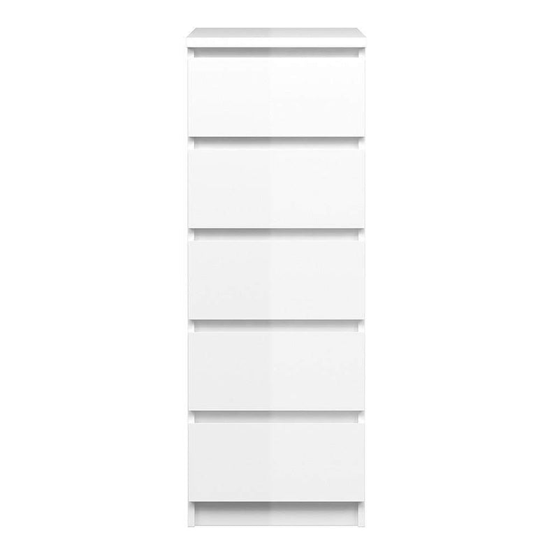 FTG Chest Of Drawers Naia Narrow Chest of 5 Drawers in White High Gloss Bed Kings