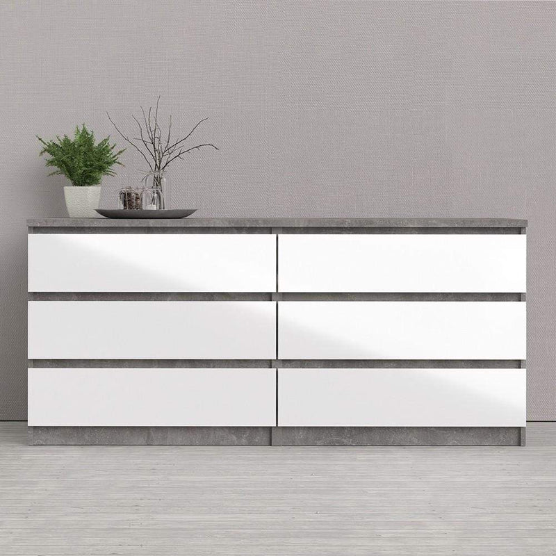 FTG Chest Of Drawers Naia Wide Chest of 6 Drawers (3+3) in Concrete and White High Gloss Bed Kings