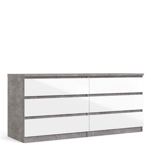 FTG Chest Of Drawers Naia Wide Chest of 6 Drawers (3+3) in Concrete and White High Gloss Bed Kings