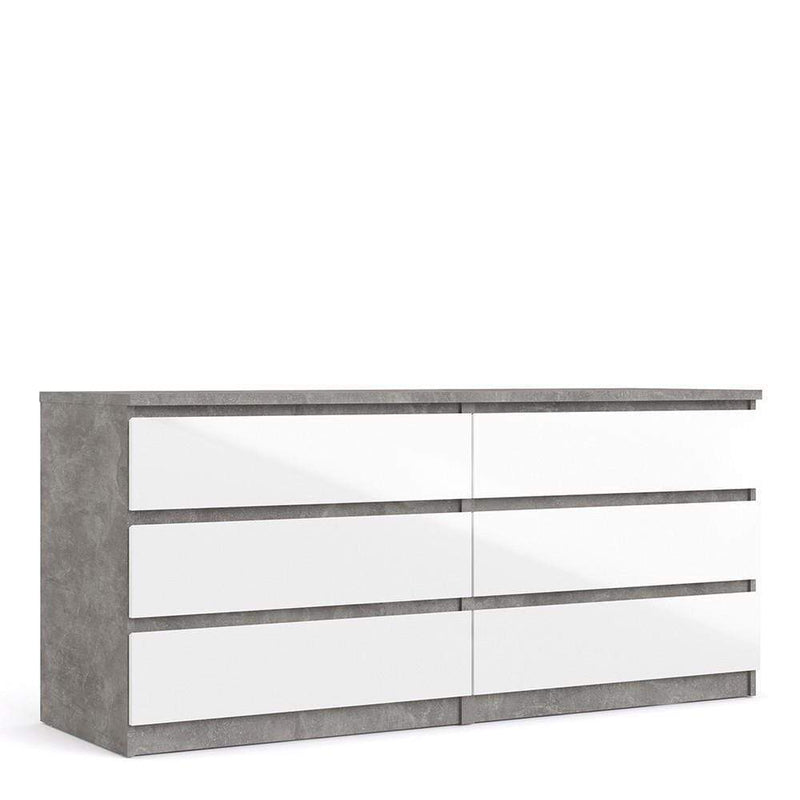 FTG Chest Of Drawers Naia Wide Chest of 6 Drawers (3+3) in Concrete and White High Gloss Bed Kings