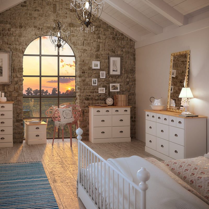 FTG Chest Of Drawers Nola 4+2 Wide Chest White & Pine Bed Kings